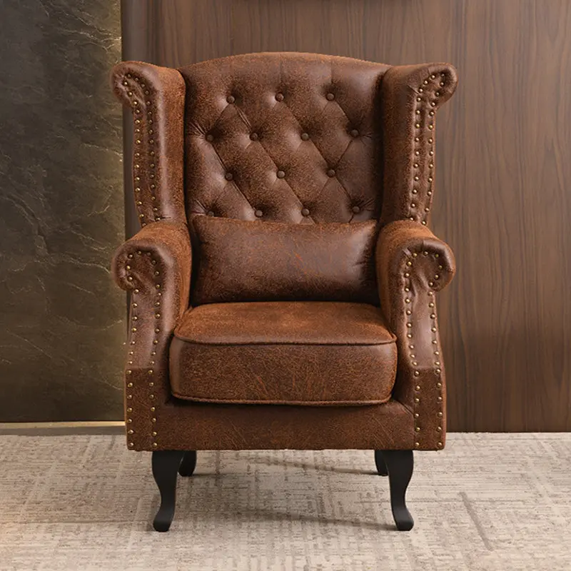 Traditional Vintage Rectangular PU Leather Suede Fabric Solid Wood Accent Chair Backrest Armrest For Living Room