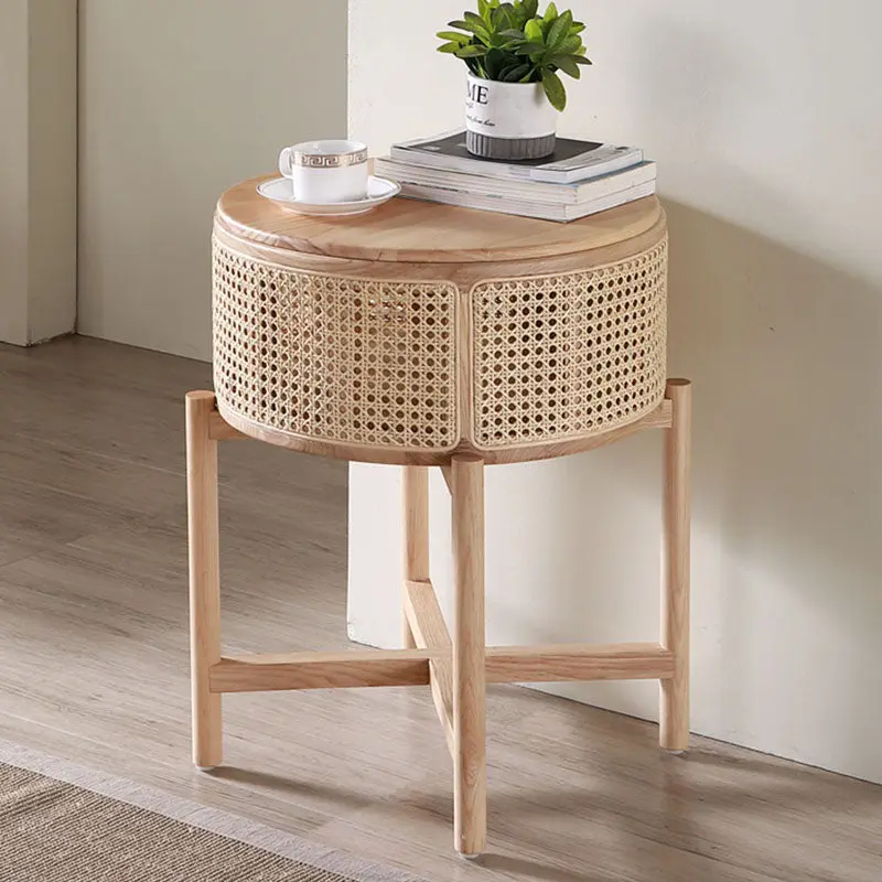 Contemporary Scandinavian Round Solid Wood Multi-layer Board Rattan Weaving Ash Wood Storage Side Table 1-Tier For Living Room