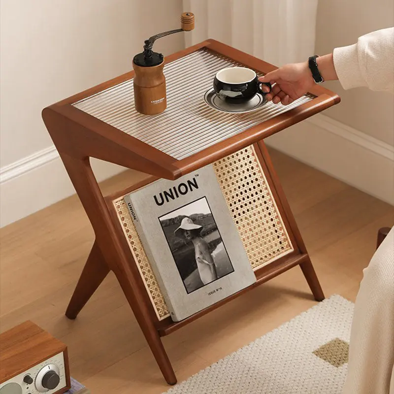 Modern Minimalist Square Glass Ash Wood Cherry Wood Rattan Weaving Side Table 1-Tier For Living Room