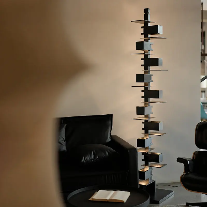 Contemporary Creative Staggered Rectangular Oak 10-Light Standing Floor Lamp For Living Room