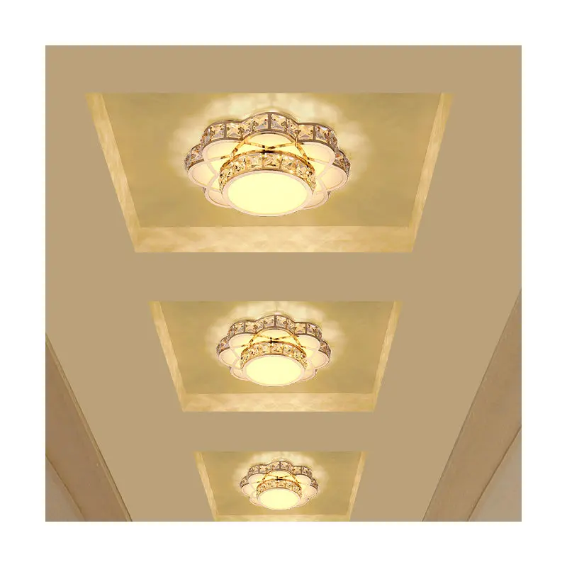 Contemporary Creative Flower Iron Crystal Glass Shade LED Flush Mount Ceiling Light For Hallway