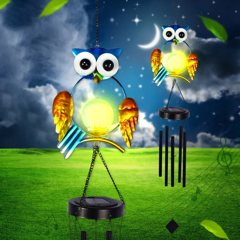 Contemporary Creative Solar Waterproof Owl Wind Chime Iron Glass LED Outdoor Landscape Light For Outdoor Patio