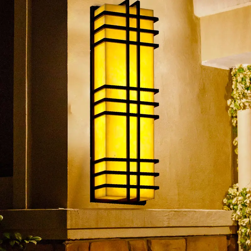 Architectural Wall Sconce in Prairie Style  Amber Frosted Glass & Black Grid Design