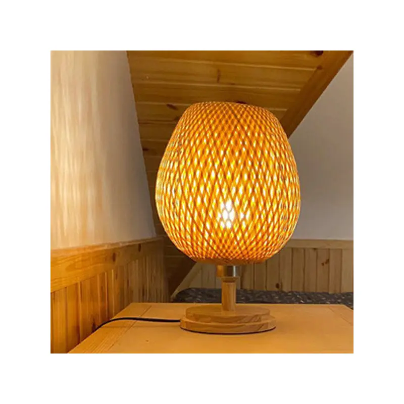 Traditional Japanese Round Base Hand Knitted Weaving Bamboo Wood Metal 1-Light Table Lamp For Bedroom
