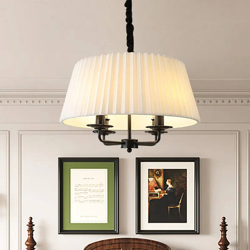 Traditional Vintage Round Table Pleated Branch Iron Fabric 4-Light Chandelier For Living Room