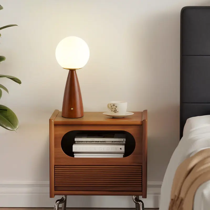 Traditional Vintage Column Wood Iron Glass LED Table Lamp For Living Room