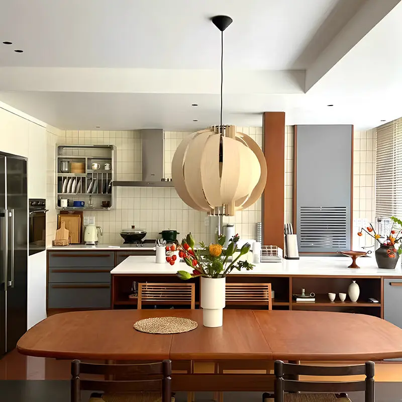 Traditional Vintage Cylindrical Semi-circular Flake Spiral Wooden 1-Light Pendant Light For Living Room