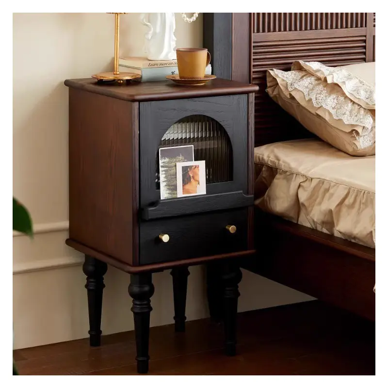 Traditional Vintage Ash Wood & Glass Round Square Textured Nightstand 1-Drawer For Bedroom