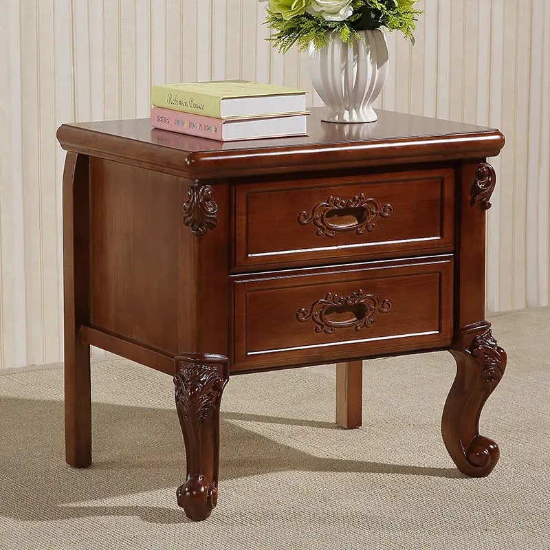 Traditional Vintage Rubber Wood & Metal Carved Curved Square Nightstand With 2 Drawers For Bedroom