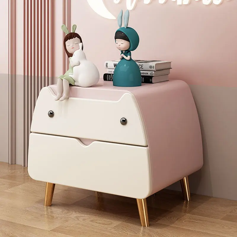 Contemporary Creative Microfiber Leather, Wood & Carbon Steel Cat-Shaped Nightstand With 2-Drawer For Kids' Bedroom