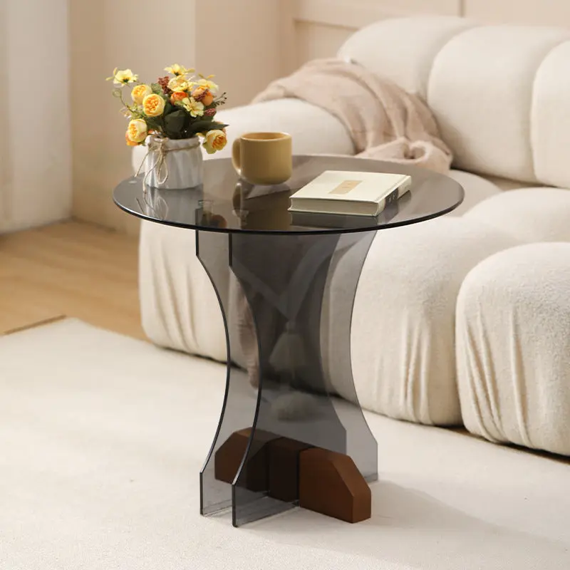 Contemporary Nordic Round Glass Side Table With Solid Wood Base For Living Room