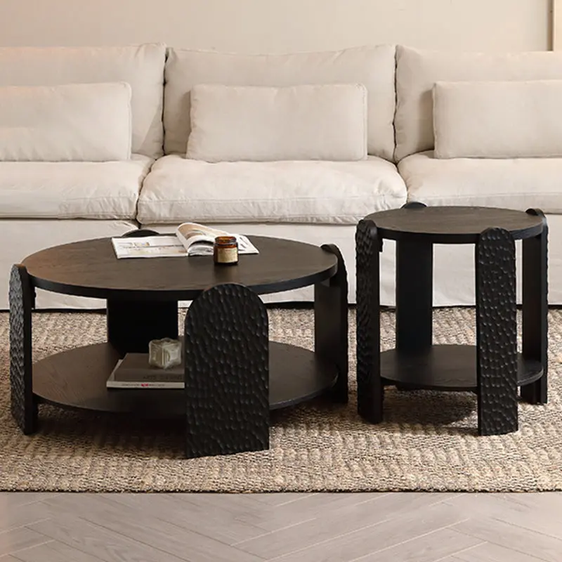 Modern Mid-Century Round Black Side Table Natural Wood Grain For Living Room