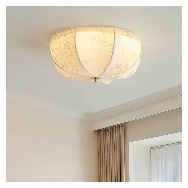 Traditional French Iron And Fabric Circular Floral Pattern LED Flush Mount Ceiling Light For Living Room