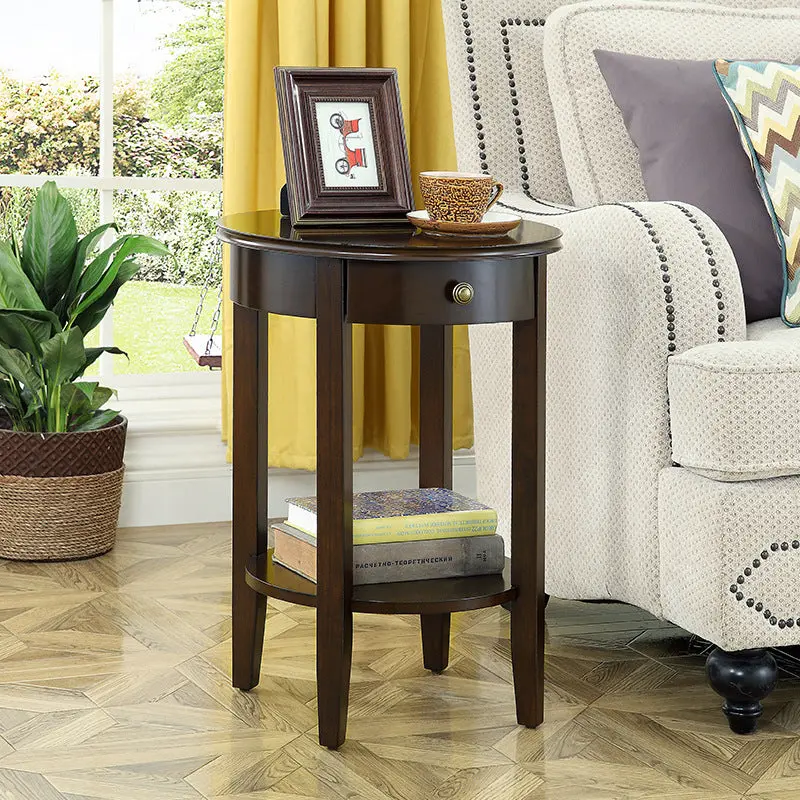 Traditional Chinese Wood Round End Table With 1-Drawer And 2-Tier For Living Room