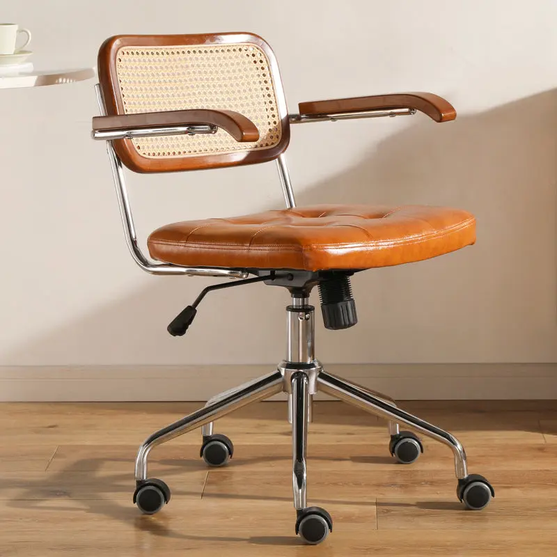 Traditional Vintage PU Leather & Wood Square Desk Chair With Armrest & Backrest For Home Office