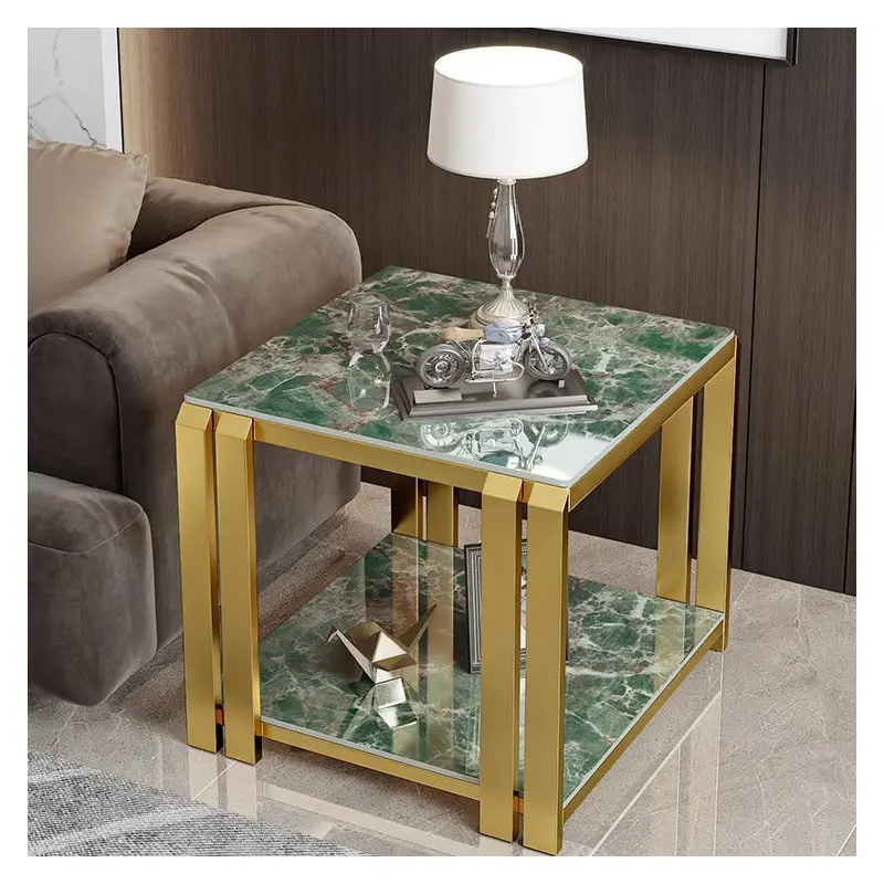 Contemporary Nordic Slab And Metal Square Side Table With 2 Tiers For Living Room