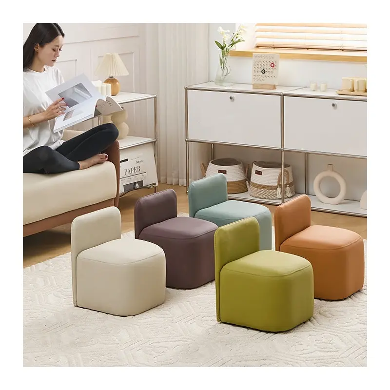 Contemporary Nordic Square Portable PU Leather Solid Wood Sponge Low Stool Backrest Armless For Living Room