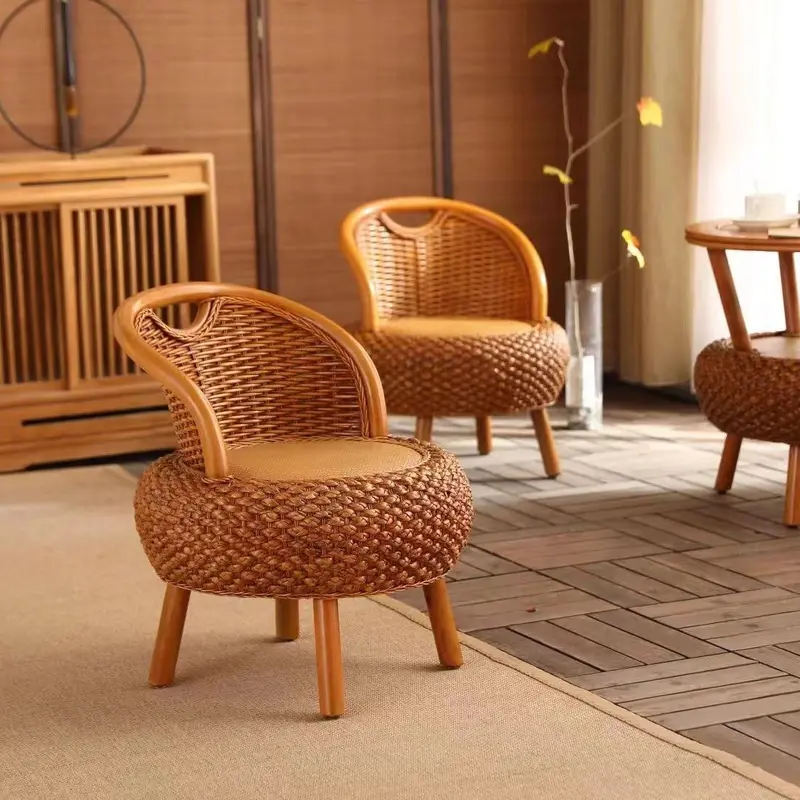 Traditional Japanese Round Rattan Weaving Wood Low Stool Backrest Armless For Living Room