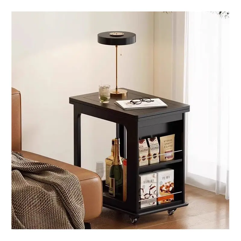 Traditional Vintage Wood Rectangular Side Table With Expandable Foldable Top And Wheels For Living Room Bedroom