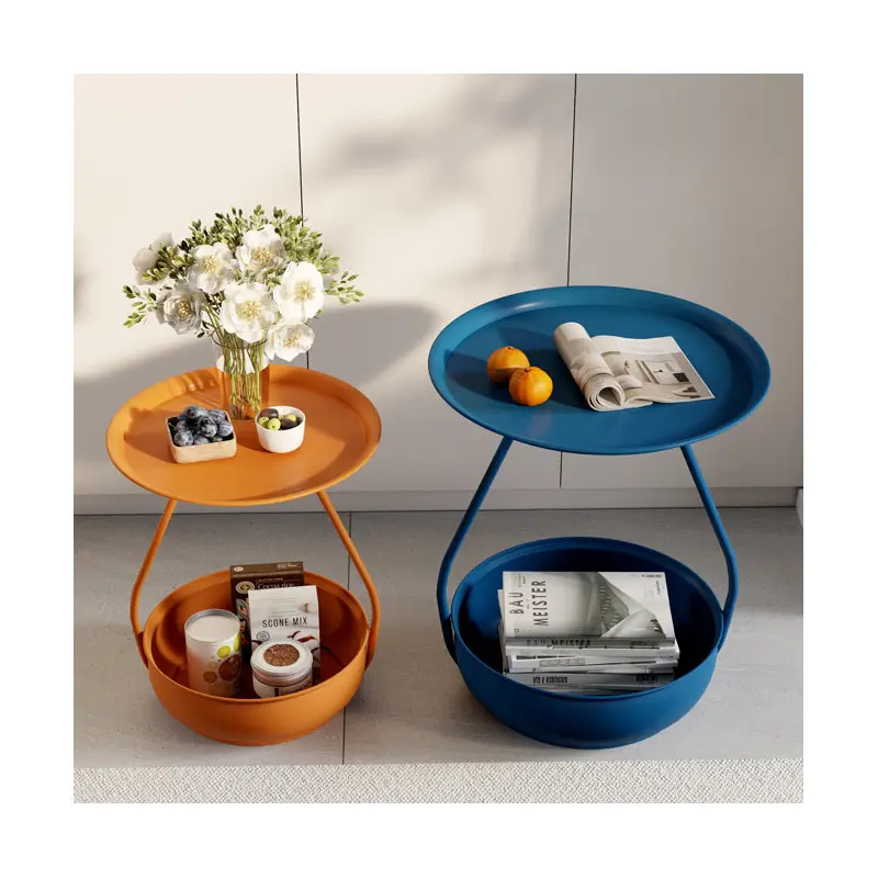 Contemporary Nordic Iron And Carbon Steel Round Side Table With 2-Tier Storage For Living Room And Bedroom