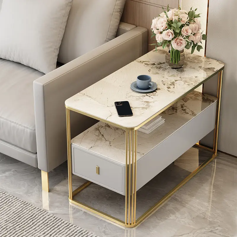 Modern Luxury Porcelain Slab Microfiber Leather Carbon Steel Rectangular Side Table With 2 Tiers And 1 Drawer For Living Room And Bedroom