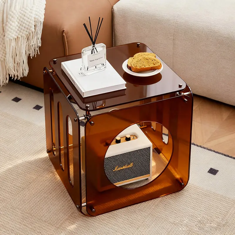 Modern Minimalist Square Acrylic Stainless Steel Side Table 2-Tier Sturdy Design For Living Room