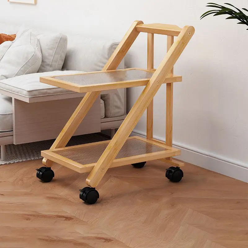 Modern Minimalist Rectangular Nan Bamboo Acrylic Synthetic Rattan Weaving Foldable Movable End Table 2-Tier For Living Room