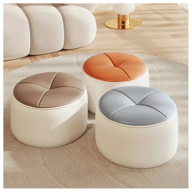 Modern Minimalist Round Nappa Leather Solid Wood Plywood Low Stool For Living Room