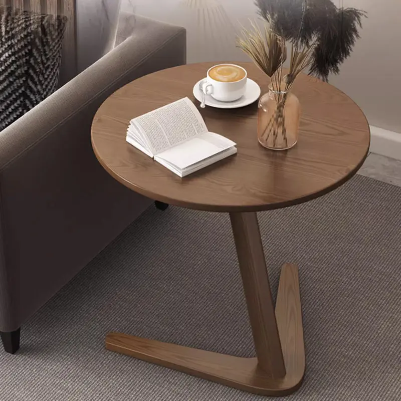 Modern Minimalist Round V-Shaped Oak Side Table 1-Tier For Living Room
