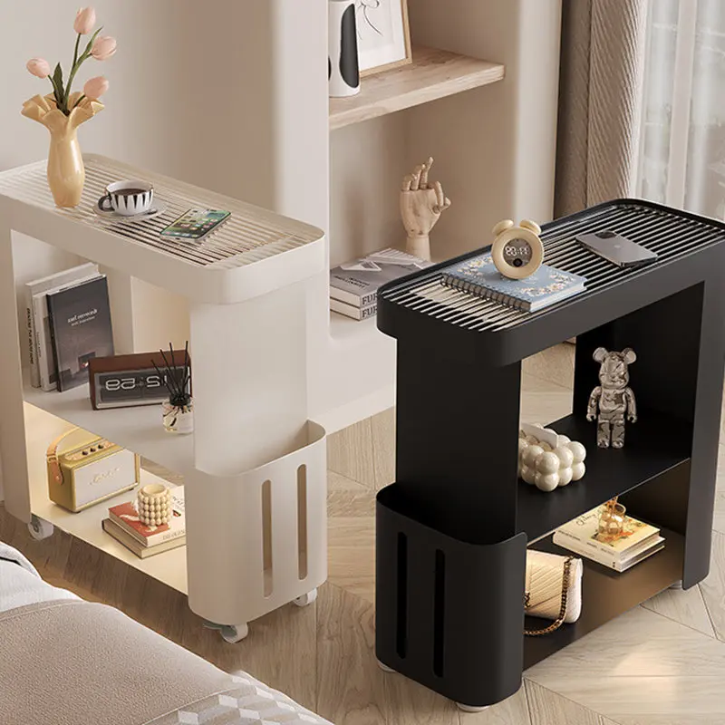 Contemporary Scandinavian Carbon Steel Glass Mobile Rounded Rectangular Side Table With 3 Tiers For Living Room