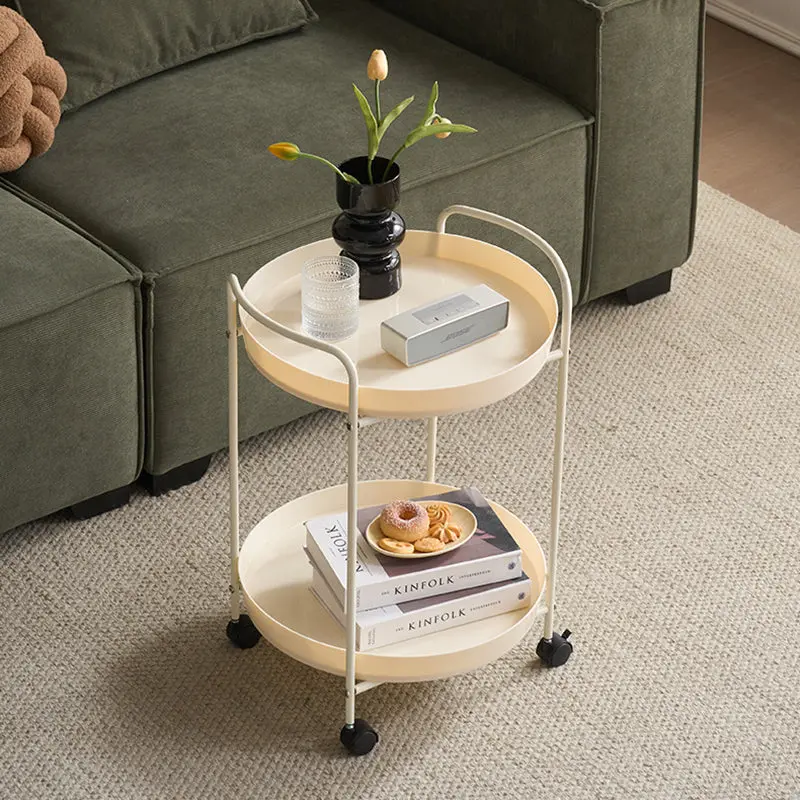 Contemporary Scandinavian Iron Mobile Round Curved Side Table With 2 Tiers For Living Room