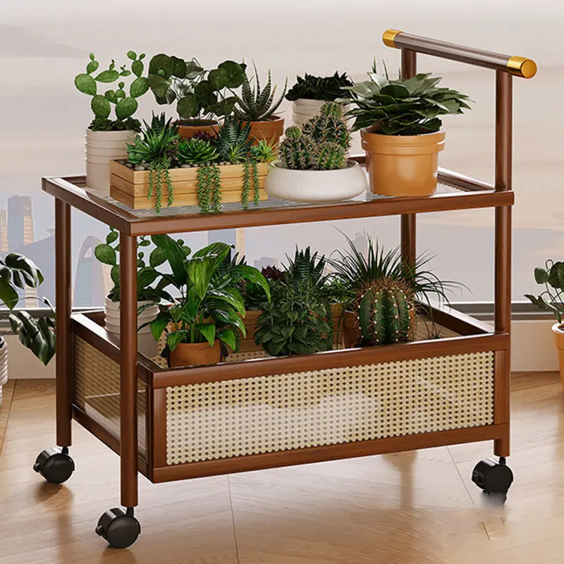 Traditional Vintage Bamboo Rattan Acrylic MDF Rectangular Cylindrical Side Table With 2-Tier For Living Room