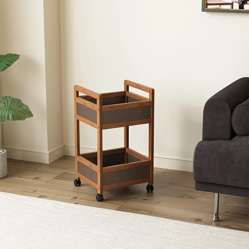 Traditional Vintage Bamboo Wood Rectangular Hollow Rolling Side Table 2/3/4-Tier For Living Room