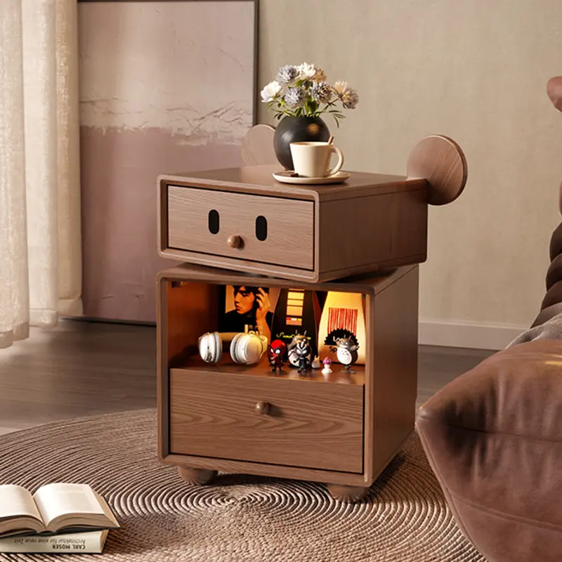 Contemporary Creative Kids Mouse Shape Rubberwood Pine Wood Swivel Nightstand 2-Drawer For Bedroom