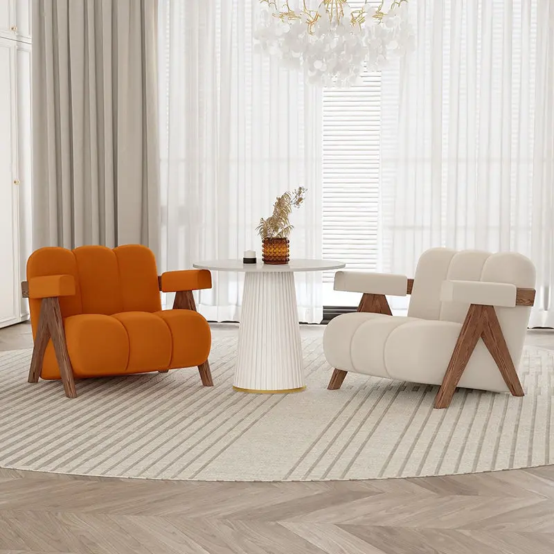 Contemporary Creative Suede Solid Wood V-Leg Wavy Square Accent Chair With Backrest Armrests For Living Room