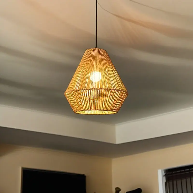 Traditional Vintage Round Iron Rattan 1-Light Pendant Light For Living Room