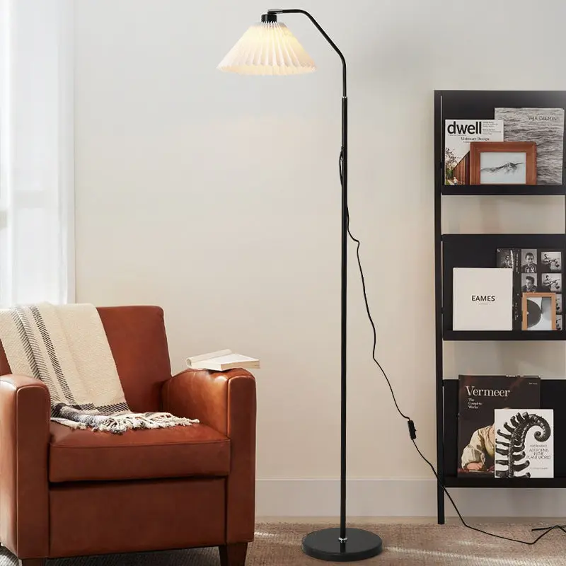 Modern Minimalist Iron & Fabric Pleated Cylinder 1-Light Standing Floor Lamp For Living Room