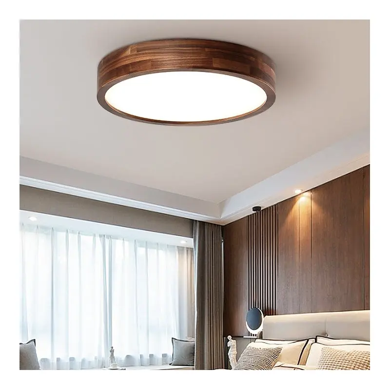 Traditional Chinese Walnut And Acrylic Round LED Flush Mount Ceiling Light For Bedroom