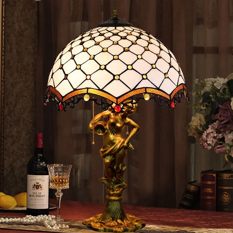 Traditional Tiffany Alloy & Stained Glass Dome Lady Sculpture Base 3-Light Table Lamp For Living Room