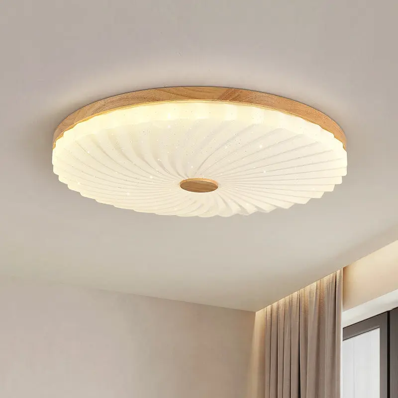 Traditional Japanese Round Pleated Acrylic Shade Wood LED Flush Mount Ceiling Light For Living Room