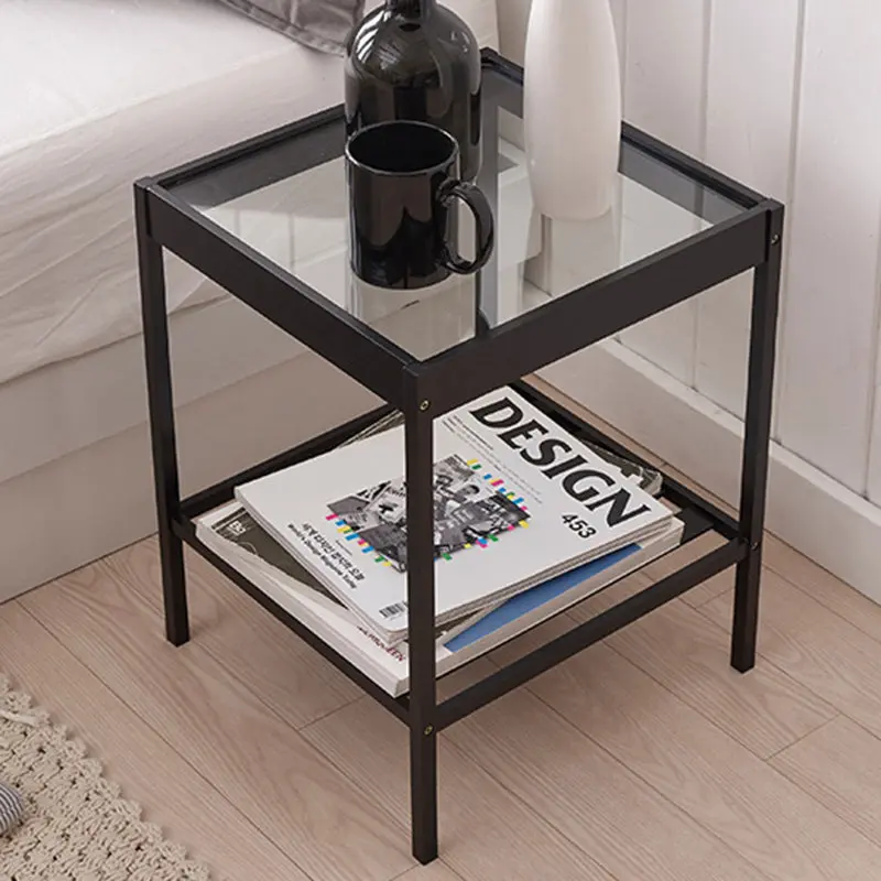 Modern Minimalist Square Bamboo Glass End Table 2-Tier For Living Room