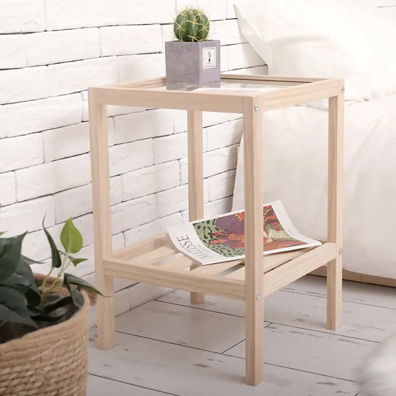 Modern Minimalist Square Wood Glass End Table 2-Tier For Living Room