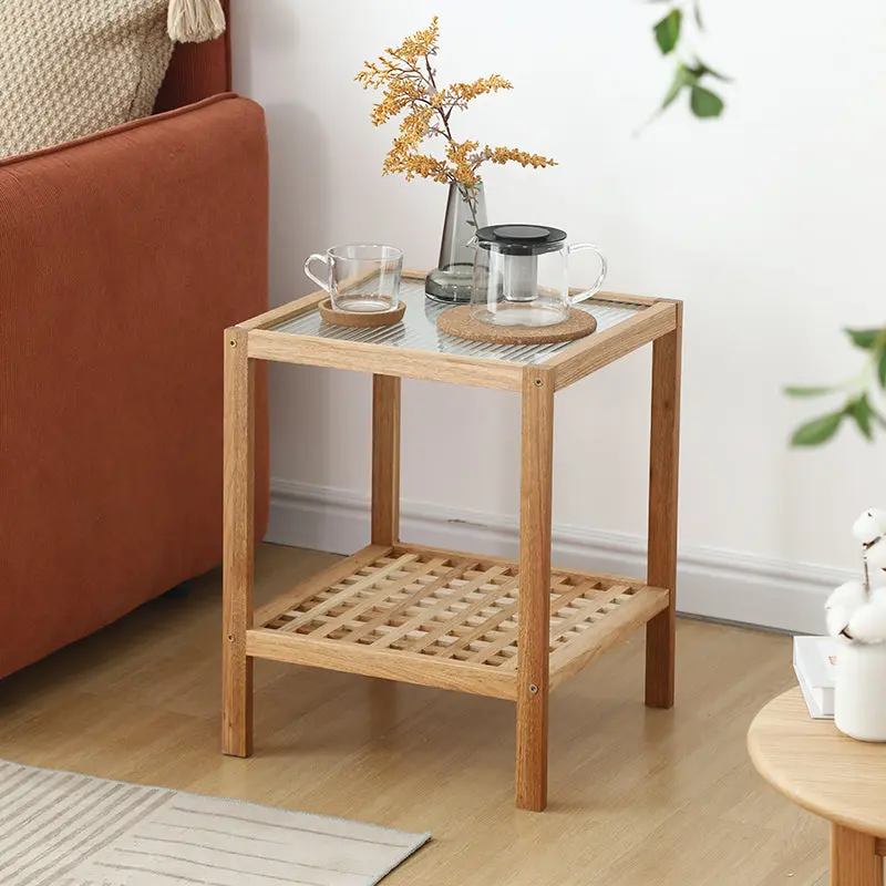 Traditional Japanese Square Wood Glass End Table 2-Tier For Living Room
