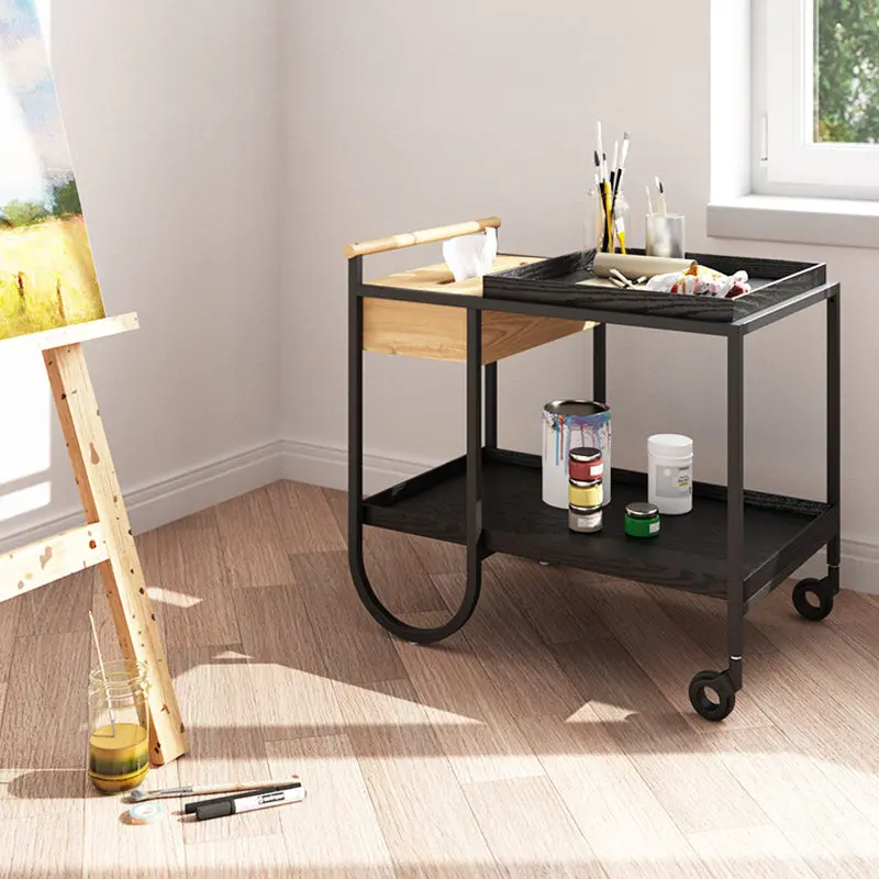 Modern Minimalist Metal & Wood Rectangular Side Table With Wheels & 2-Tier Movable Storage For Living Room & Bedroom