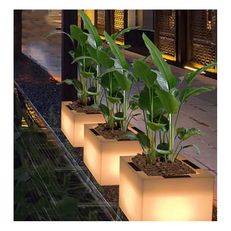 Modern Art Deco Solar Waterproof PE Square Planter LED Outdoor Light Landscape Lighting For Garden & Outdoor Patio
