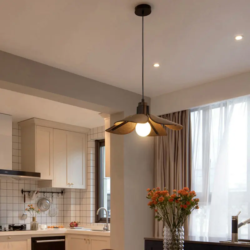 Traditional Vintage Rubber Wood & Fabric Round 1-Light Pendant Light For Dining Room, Living Room, Bedroom