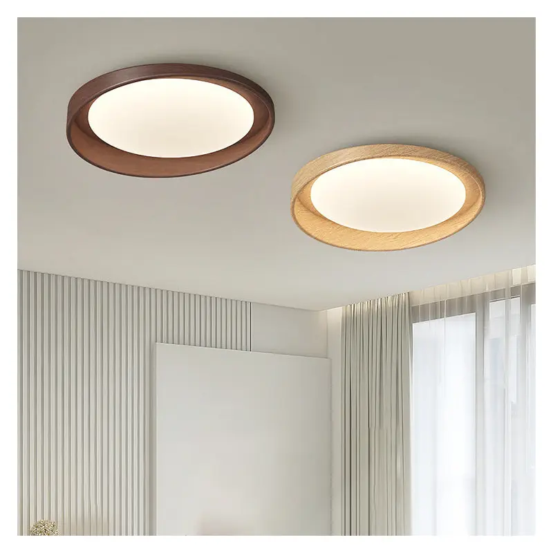 Traditional Vintage Rubber Wood PE Round LED Flush Mount Ceiling Light For Bedroom & Living