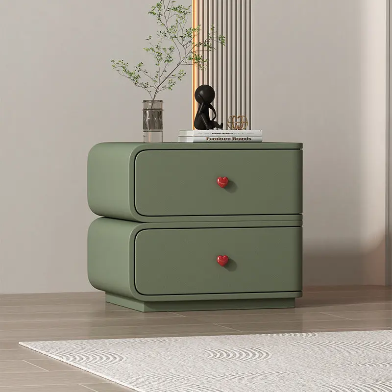 Contemporary Creative Faux Leather Solid Wood & Metal Curved Rectangular Nightstand 2-Drawer For Bedroom