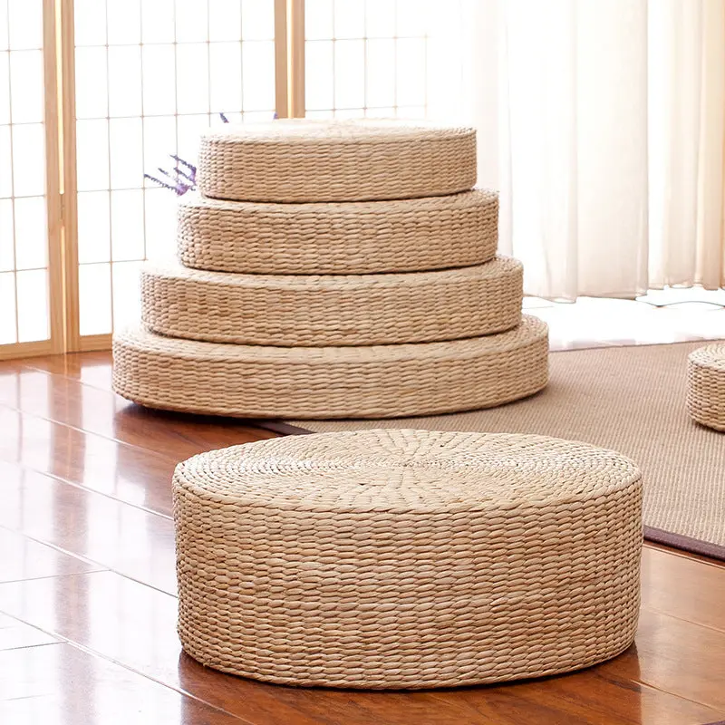 Traditional Japanese Weaving Rush Grass Cotton Round Cushion Low Stool Stackable For Living Room