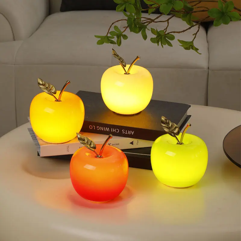 Contemporary Creative Apple Glass Shade Iron Golden Leaf Decoration LED Night Light Table Lamp For Bedroom